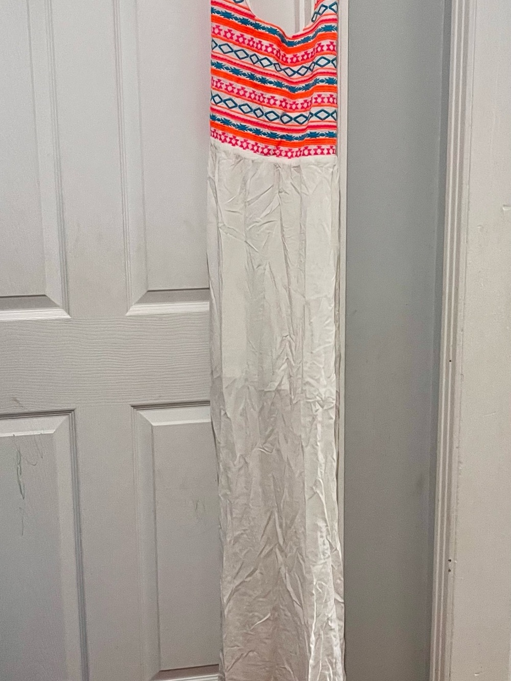 Umgee White Maxi Dress with Neon Pink Coral and Teal Embroidery